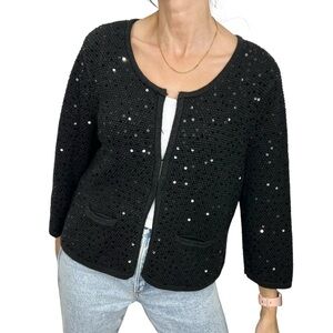 Windsmoor black cotton blend sequin cropped 3/4 sleeve cardigan sweater L